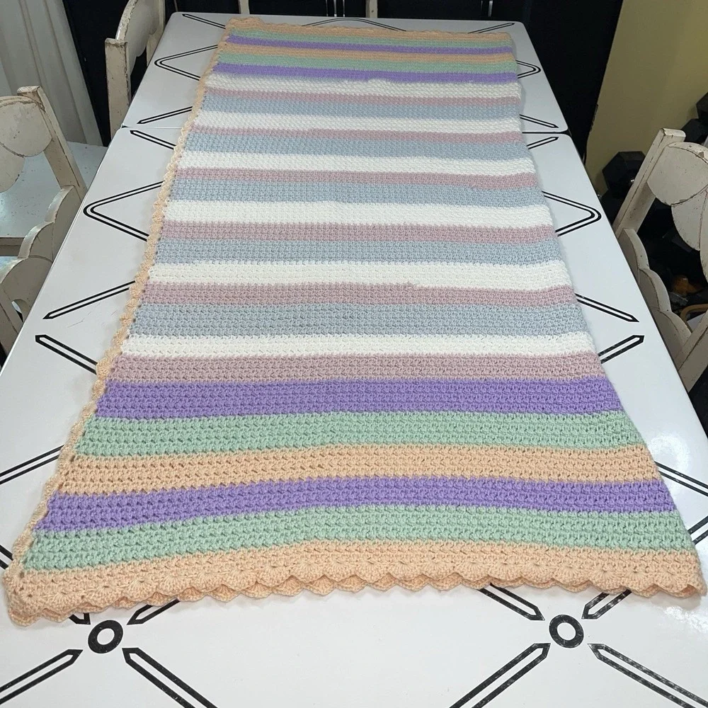 Handmade Crochet Baby Blanket Afghan Green Peach Purple Pnk Blue White 51